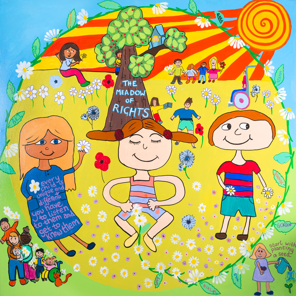 Three Children sat in the centre of a yellow circle in front of a tree reading 'The meadow of rights"