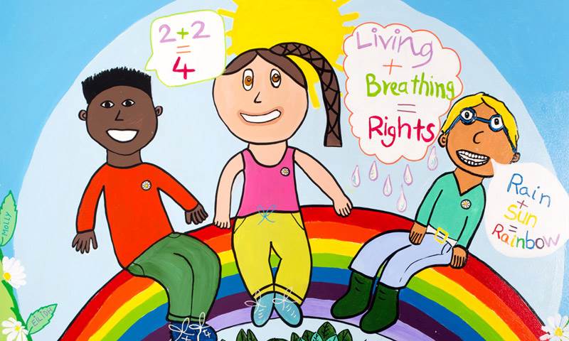 Drawing shows children sitting on a rainbow talking about their rights.