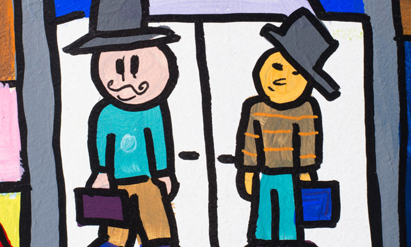 Children's drawing shows their idea of what an adult who makes decisions looks like - they have drawn two characters with top hats and briefcases.