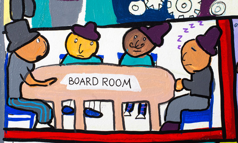 Children's drawing shows adults sitting in a board room, wearing top hats. 
