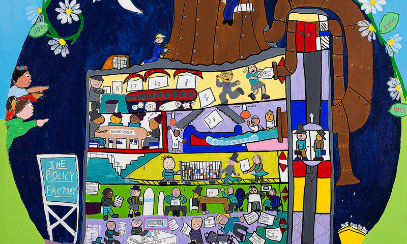 Children's drawing shows a "policy factory" where decisions are made. 