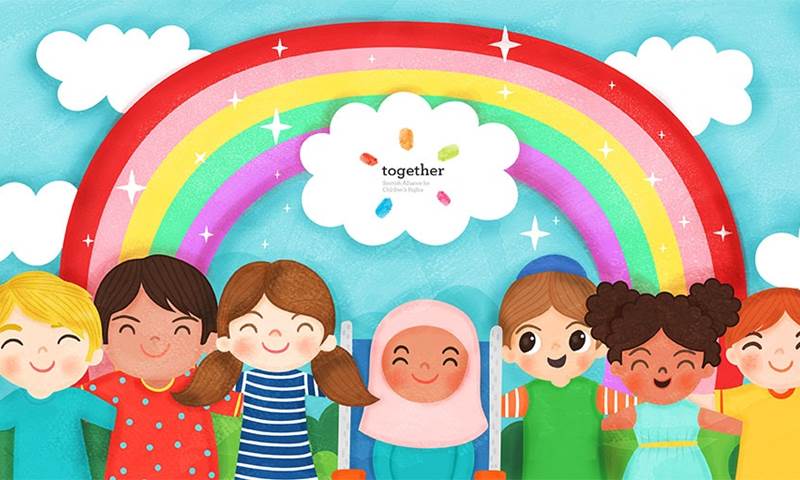 Illustration shows children standing under a rainbow with Together's logo.