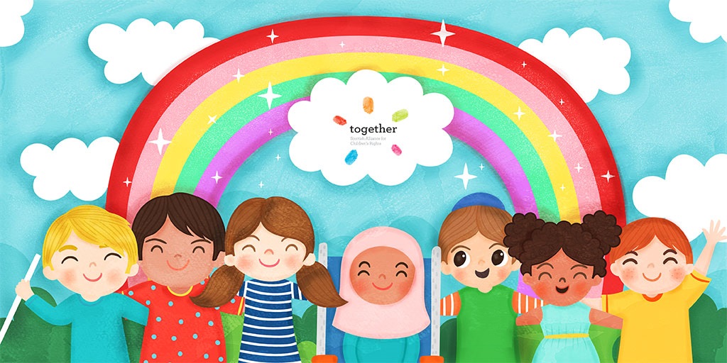 Illustration of children under a rainbow with the Together logo.