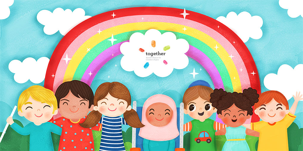Children standing under a rainbow with the together logo in the centre