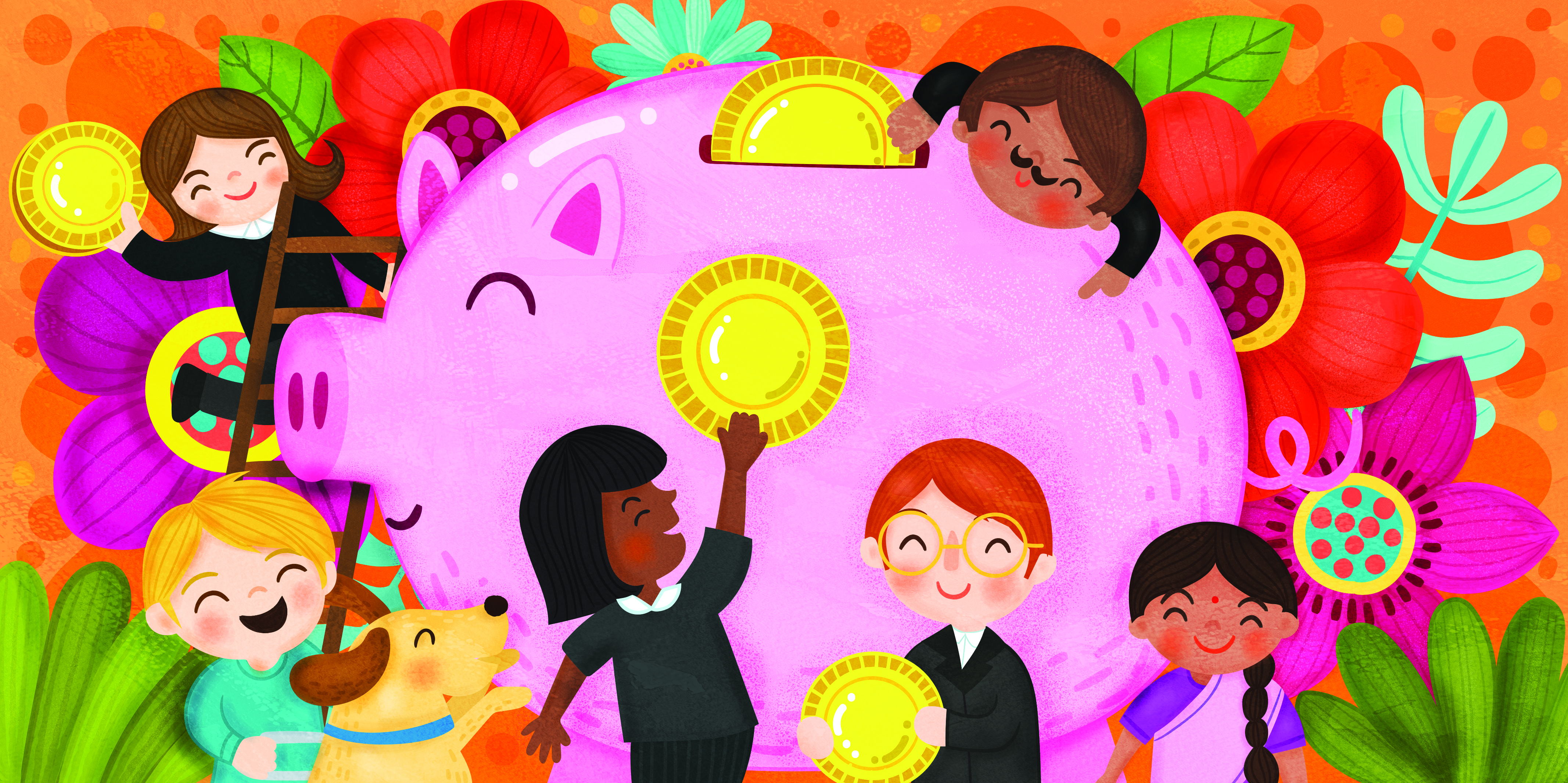 Children putting coins in a big piggy bank