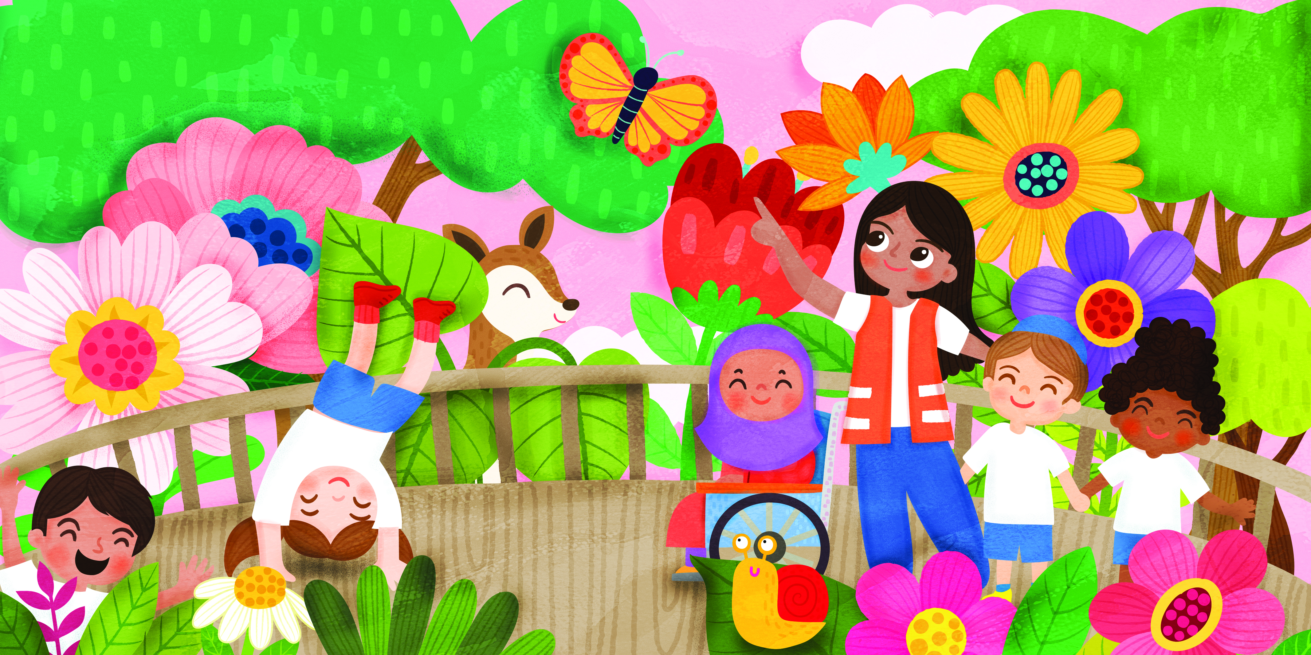 Drawing of children outside surrounded by flowers and animals