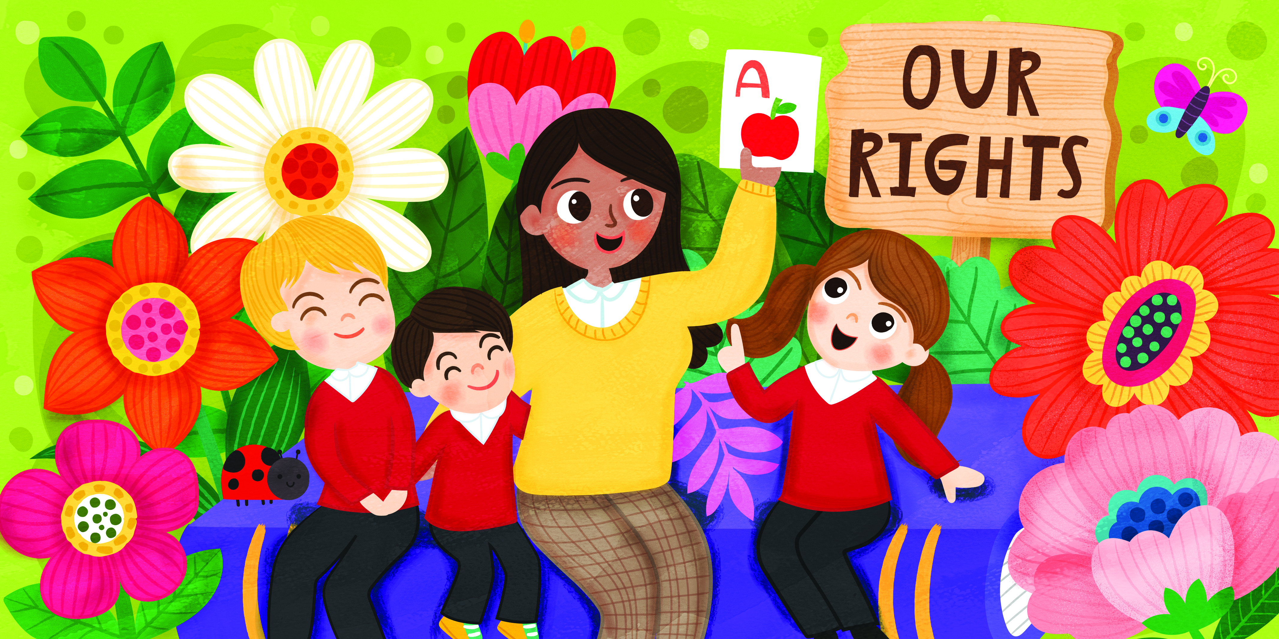 Children sat with teacher surrounded by flowers