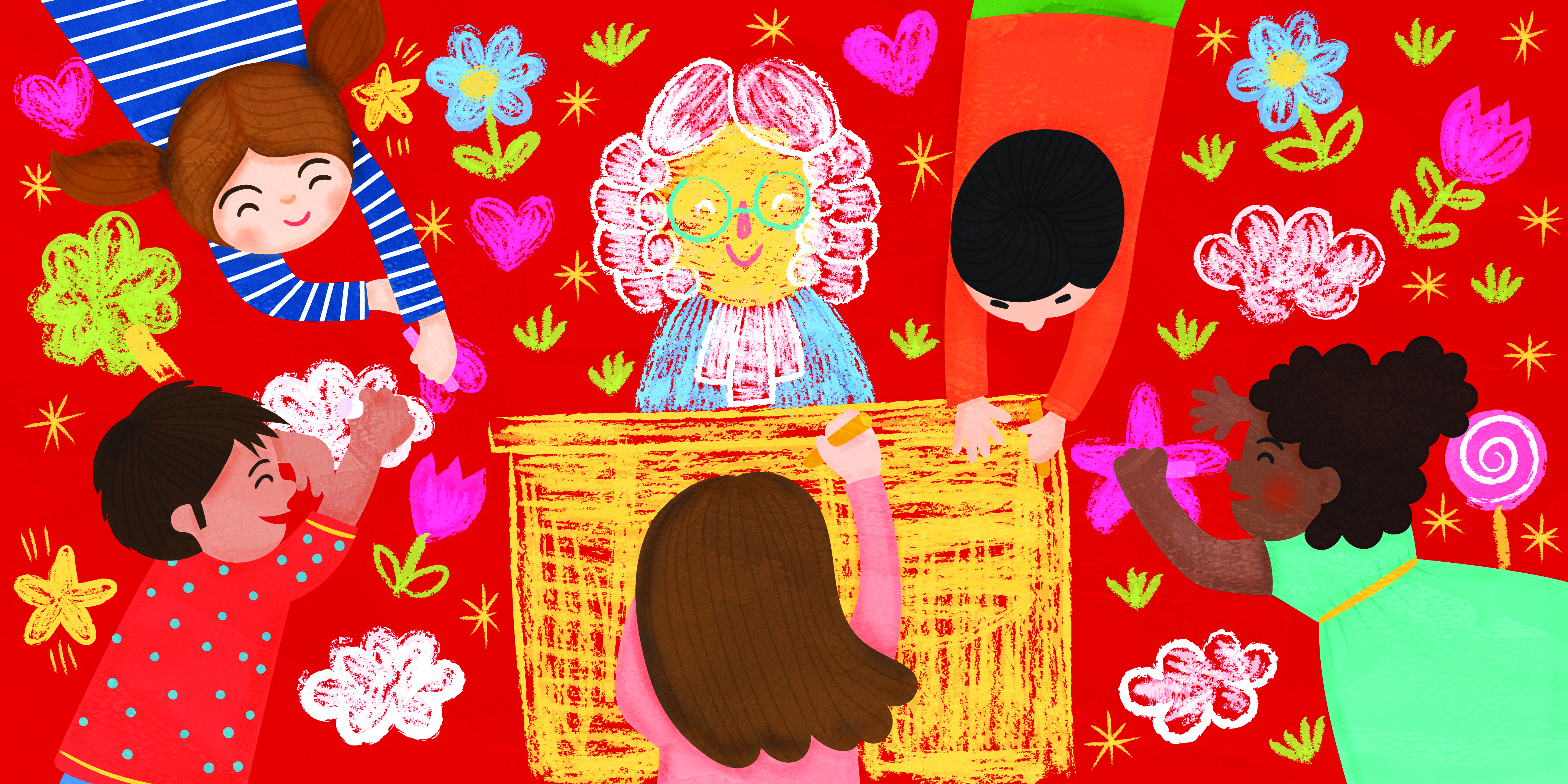 Chidlren drawing flowers and the picture of a judge