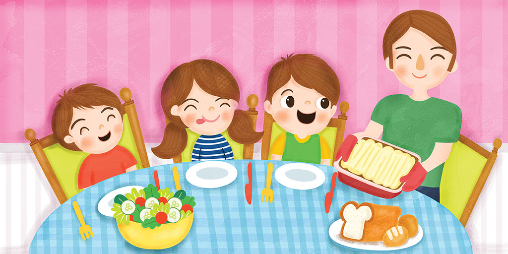 Illustration shows children sitting at table as their parent serves them dinner.