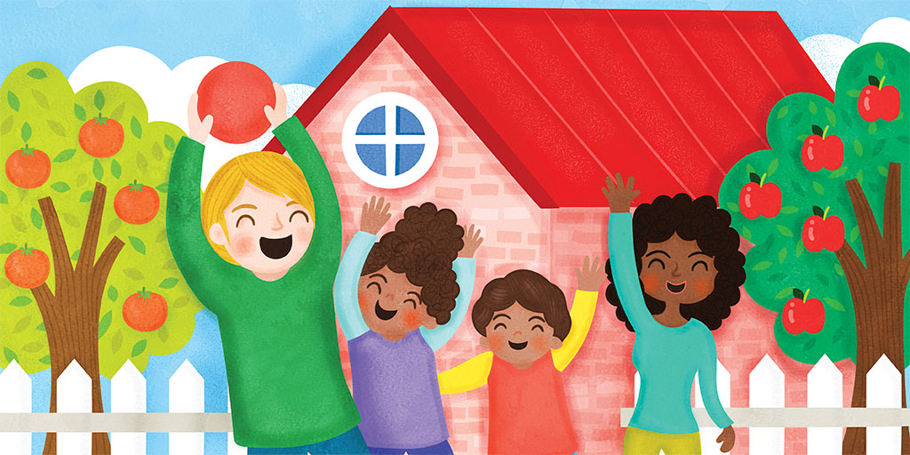 a family playing ball outside a house