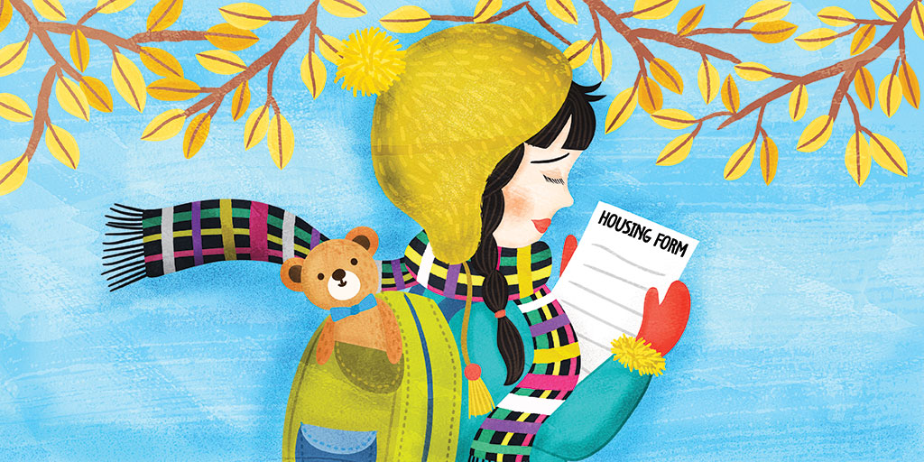 Illustration shows a care experienced young person looking at a housing form with a worried look on their face.