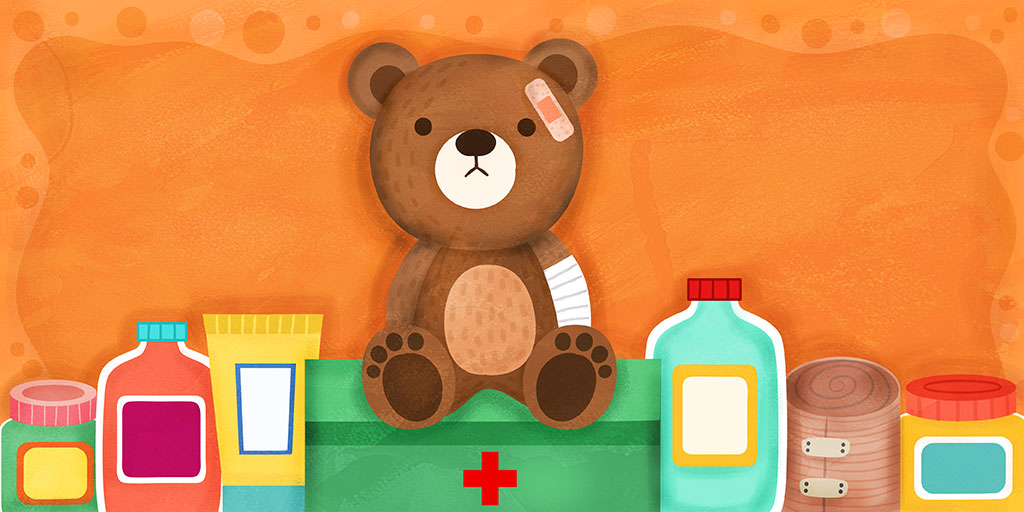 Illustration shows a teddy bear with a plaster on its forehead and its arm in a cast. The illustration represents children's right to be free from all forms of violence.