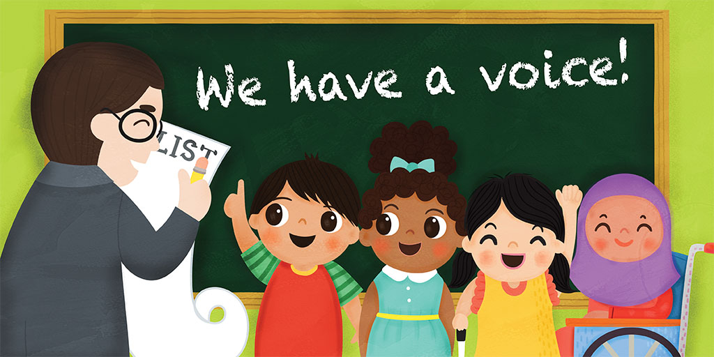 Children in front of a black board reading "We have a voice!"