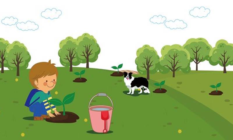 child planting a plant outside with a dog next to them