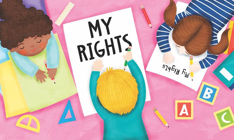 Illustration shows children making posters about their rights.