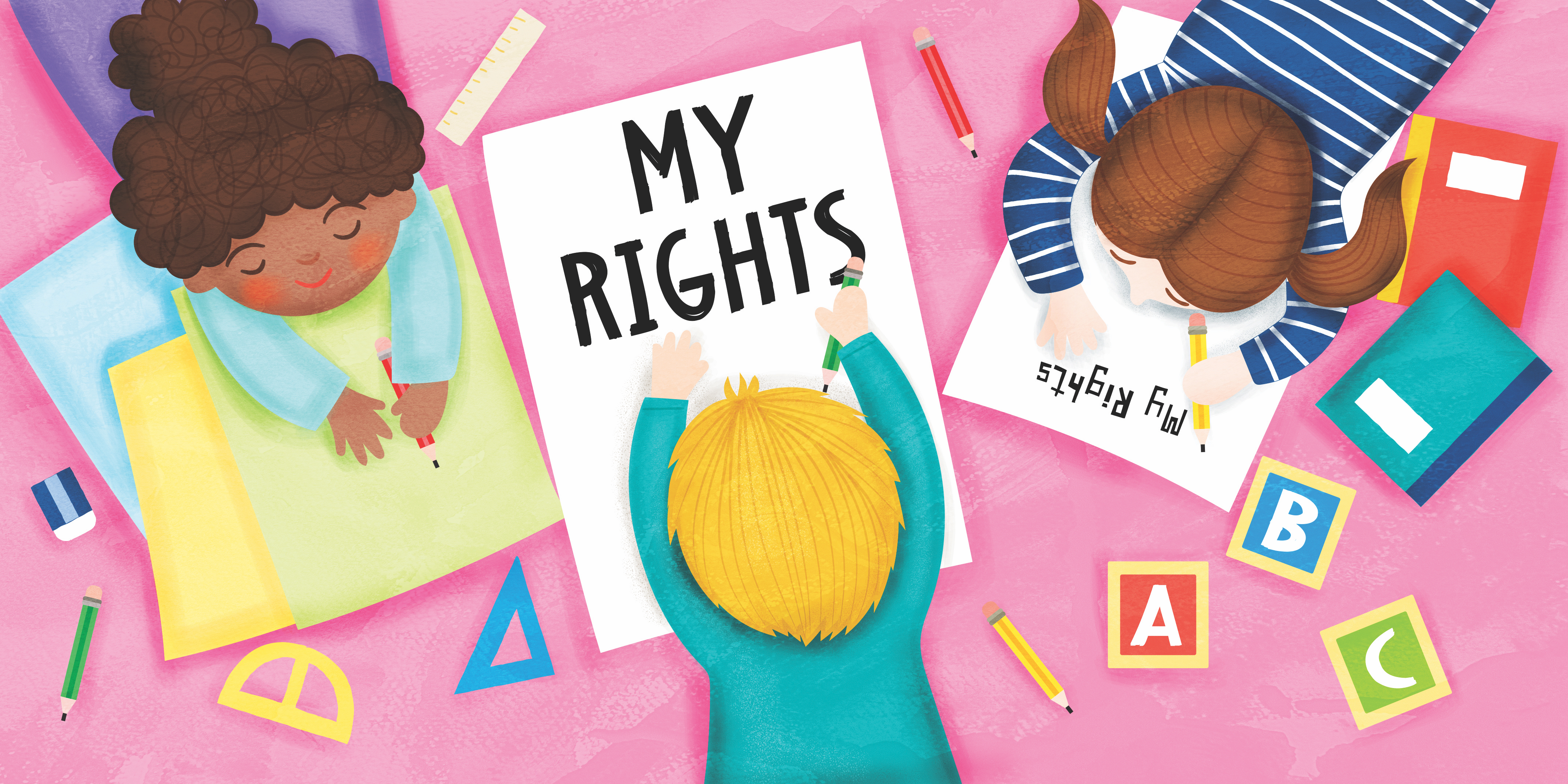 Three children drawing, the middle one writing "My Rights"