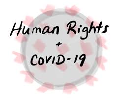A grey and pink virus molecule with the words 'Human Rights + COVID-19' scribbled over it in black.