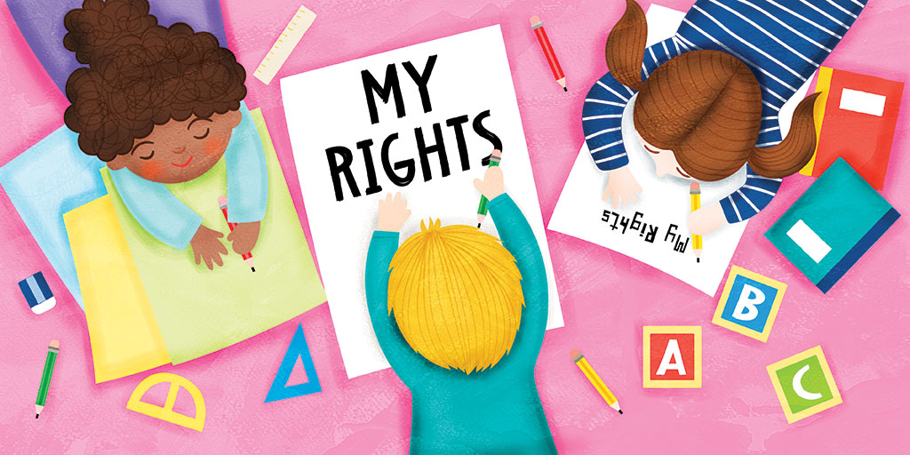 An illustration of children writing about their rights
