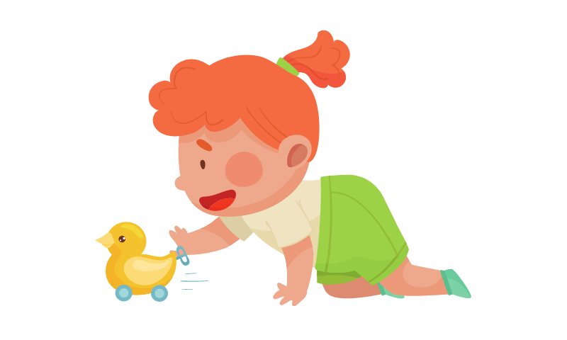 child crawling next to a toy duck