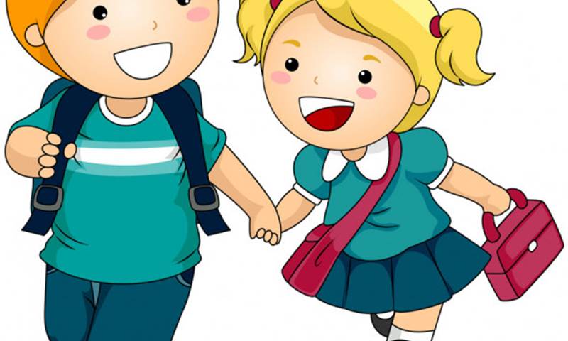 Cartoon image of a brother and sister in school uniform holding hands.
