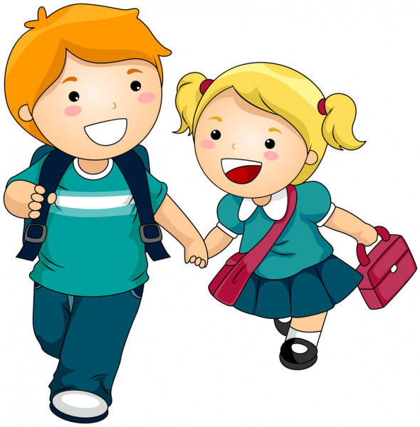 Cartoon image of a brother and sister in school uniform holding hands.