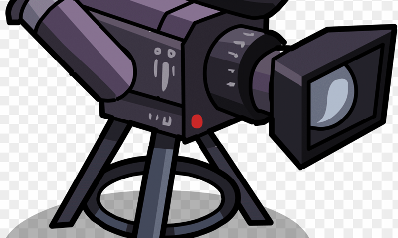 A black and grey cartoon drawing of a video camera on a tripod.