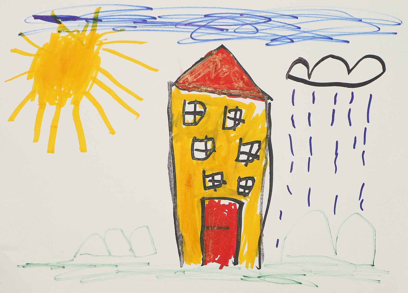 A child's drawing of a yellow and red house with a sun on the left and a rain cloud on the right. Above the house is a blue sky.
