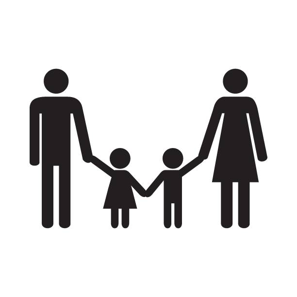 Black mannequins against a white background. A family of four, the adults are holding the children's hands.