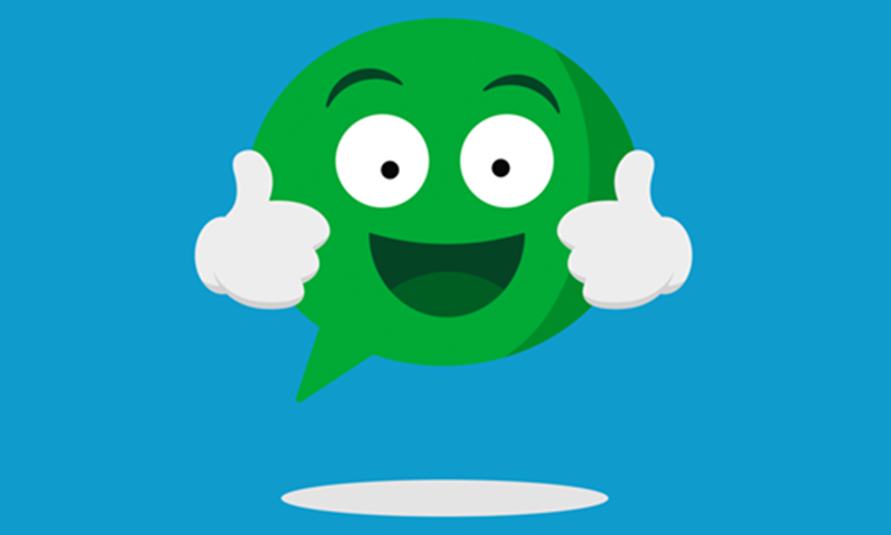 The Childline icon, buddy, a green speech bubble with white eye and a smile giving two thumbs up and floating against a blue background.