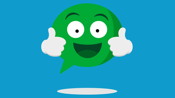 The Childline icon, buddy, a green speech bubble with white eye and a smile giving two thumbs up and floating against a blue background.