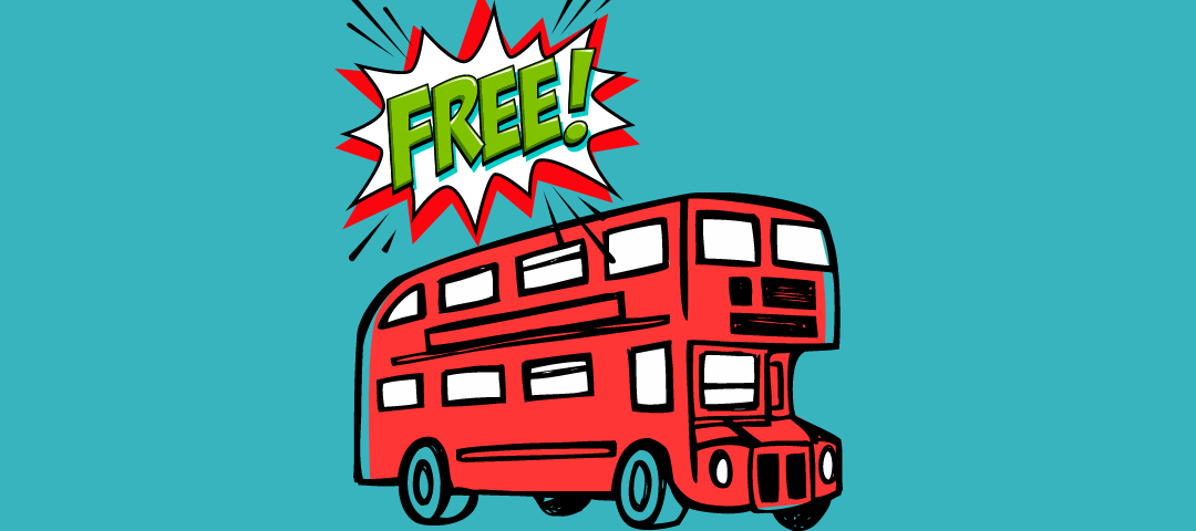 red double decker bus, set against a blue background with the label 'FREE' hovering above it.