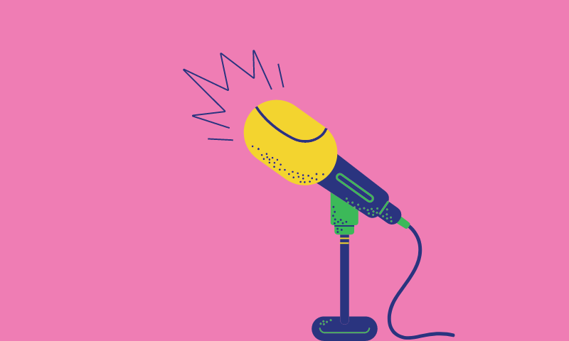 podcast microphone set against a pink background