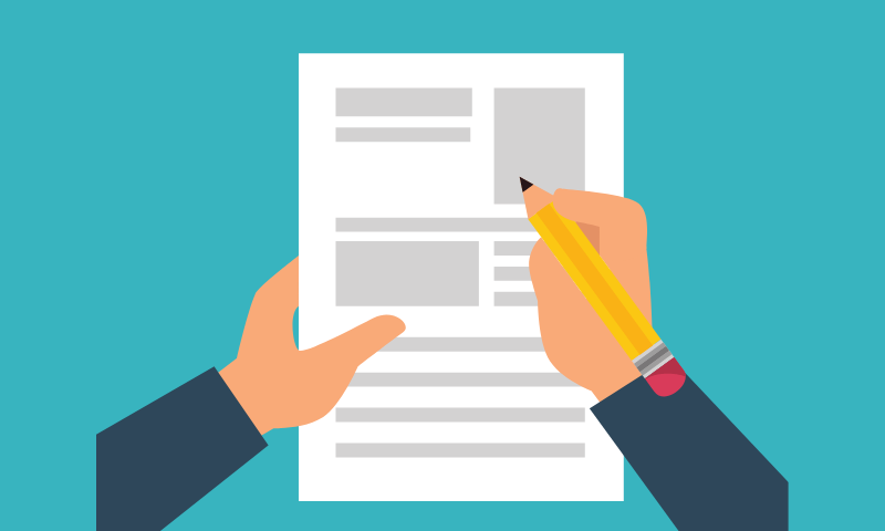 two hands writing a report with a pencil