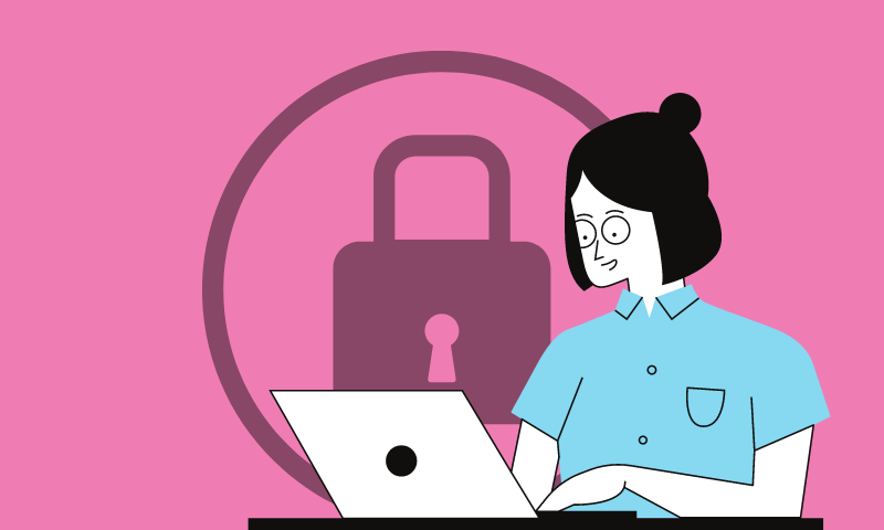 image of a girl on laptop wiht a padlock behind her.