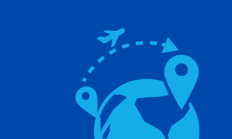 World map with location points on either side and a plane traveling from one to the other