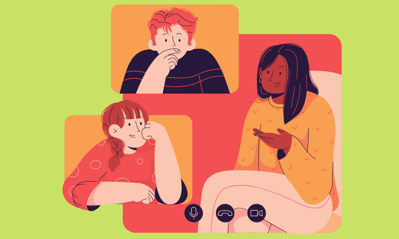 Three people talking through video call