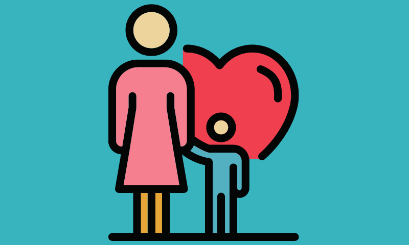 A parent and child in front of a heart