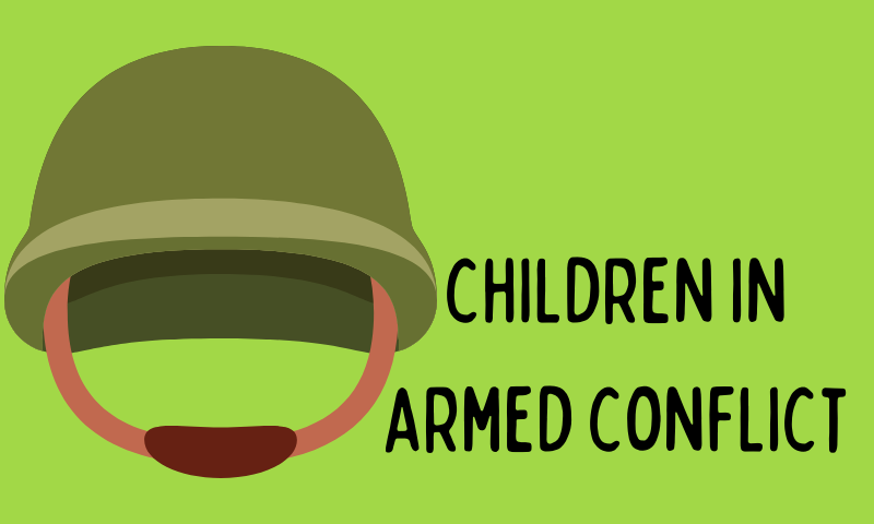 An army hat and writing that says 'Children in armed conflict'