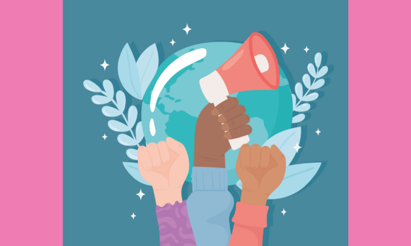 hands in solidarity holding megaphone in front of an animation of the globe