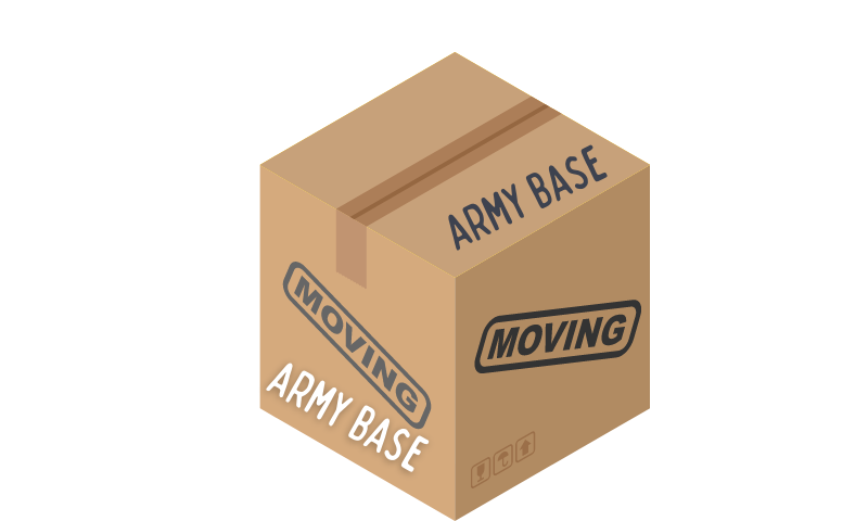A brown box with the words Army base and Moving written on it.