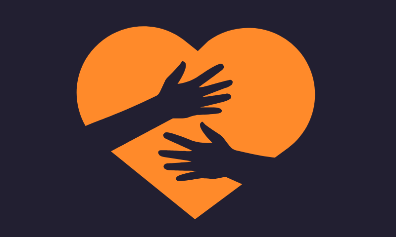 orange love with two hands stretching towards each other.