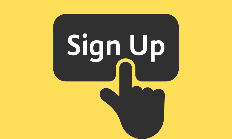 A hand pointing at a square that reads Sign Up