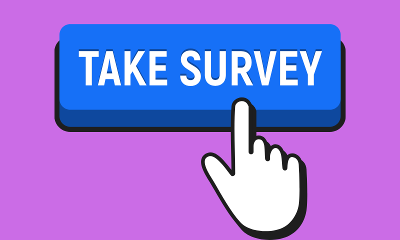 take survey button with hand clicking on it