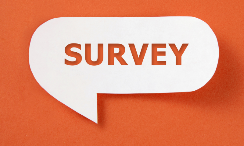 Orange background with a speech bubble reading "Survey"