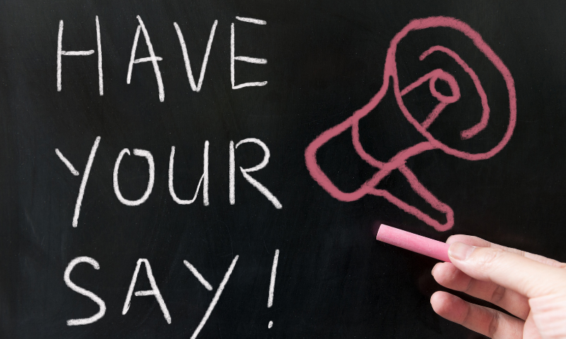 "Have your say!" next to a megaphone