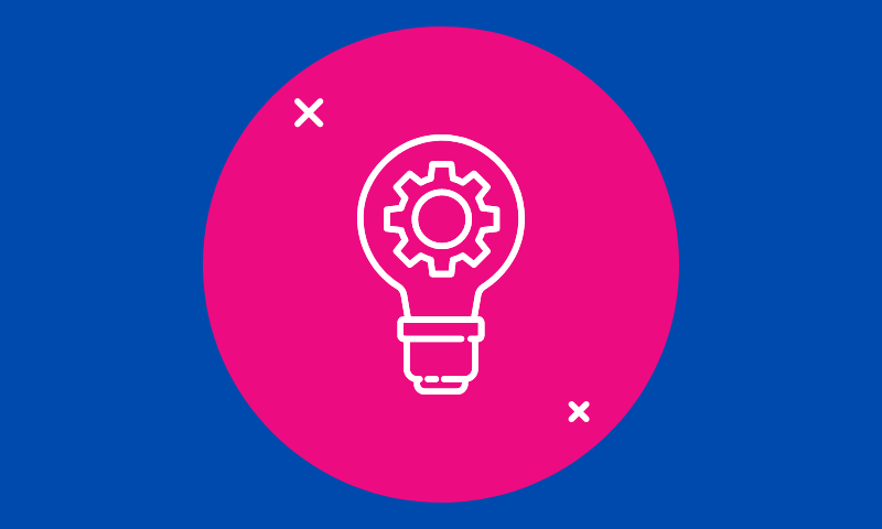 Pink bubble with a lightbulb that has a gear inside