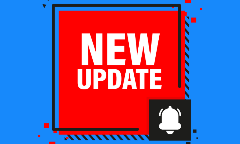 A red square on blue background reading "new update" next to a small bell