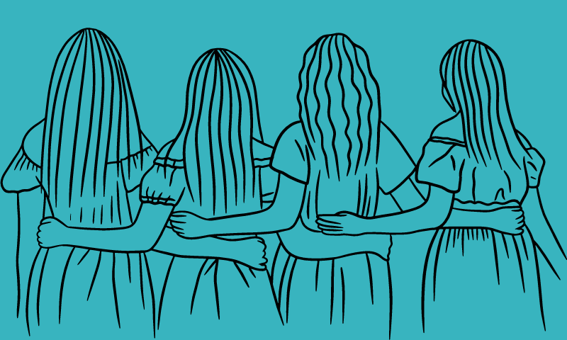 Graphic shows a group of girls with their arms around each other standing in a line.