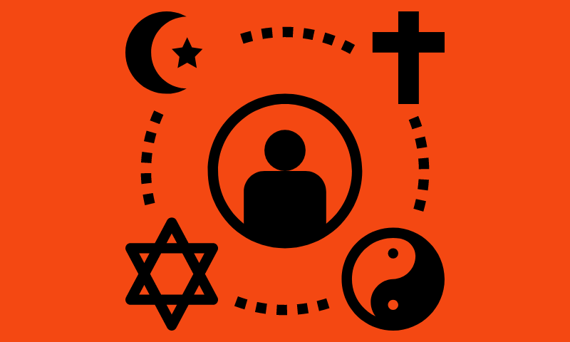 Illustration of child surrounded by religious symbols
