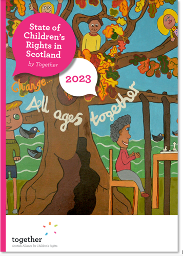 Front cover of Together's 2023 report. It shows a mural painted by children where adults and children are playing chess under a tree. The words "All ages together" are painted in white writing across the tree trunk.